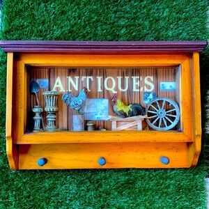 Late 90s Retro Chicken Farmhouse Theme Wooden Shadow Box With 3 Hooks Wall Art